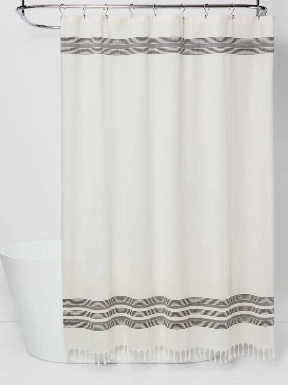 Threshold Cream Shower Curtain with Gray Stripe Trim